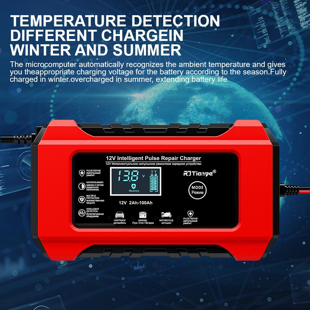 Автомобильное/Мотоциклетное Зарядное Устройство 12В6А, Подходящее для Свинцово-Кислотных Аккумуляторов, Умное Зарядное Устройство для Аккумуляторов, Цифровой Дисплей, Вилка ЕС
