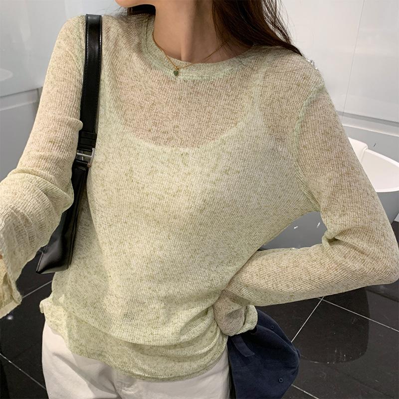 Микропрозрачная солнцезащитная футболка для женщин, летний свободный тонкий топ с круглым вырезом и длинными рукавами для женщин