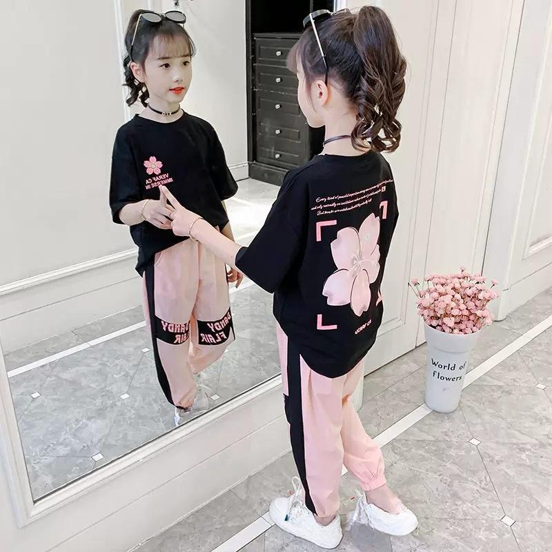 Одежда для девочек, детский спортивный костюм, спортивный костюм для подростков, свободная футболка с цветочным принтом, топы + брюки с завязками на щиколотке, в полоску, 10, 11, 12, 14, 15 лет