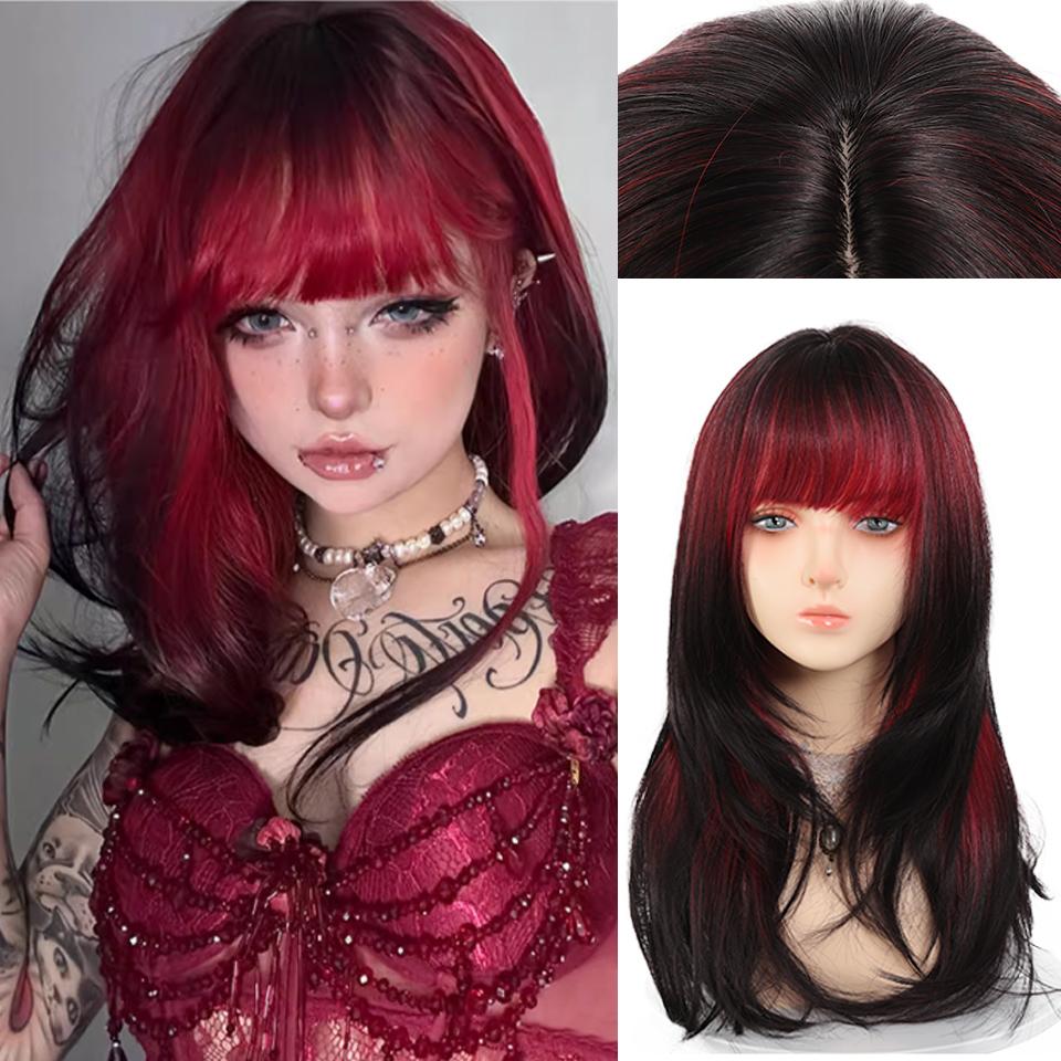 Red Gradient Black Straight Hair Synthetic Wig Female Daily Sweet and Cool Style Layered Gradient Long Wig