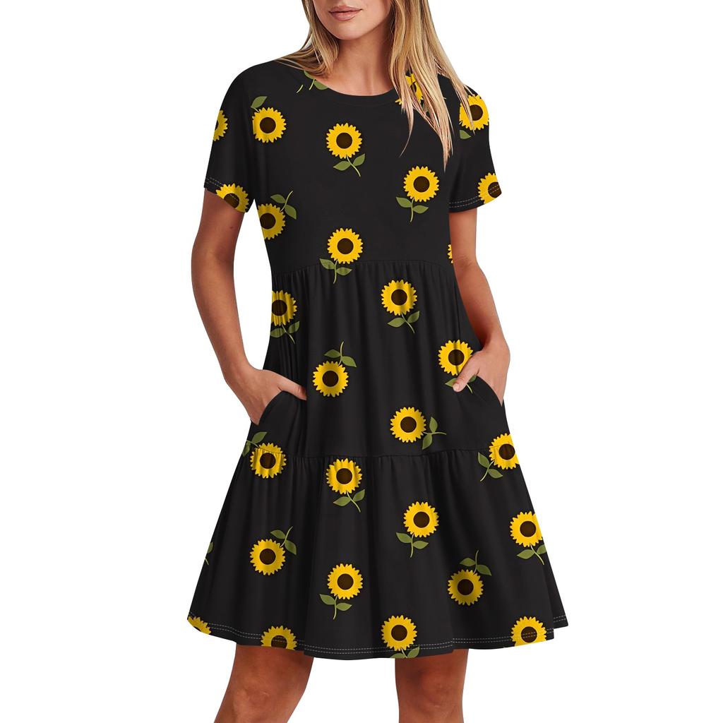 Женское повседневное модное платье-миди с круглым вырезом и коротким рукавом с принтом и карманом