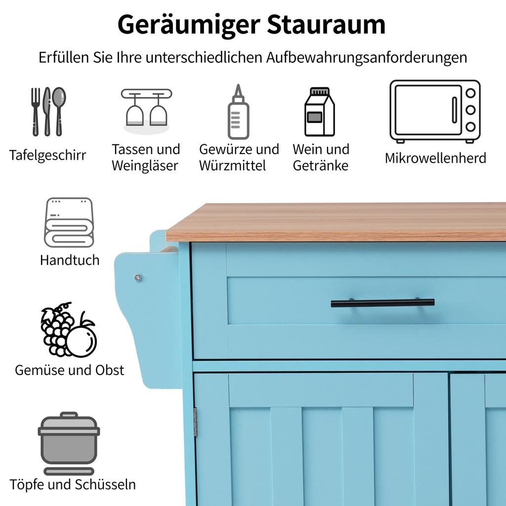 129X46(71)x91.5 cm large dining cart/sideboard, solid wood grain + blue cabinet/foldable worktop/storage door design/wheels/wood feet interchangeable