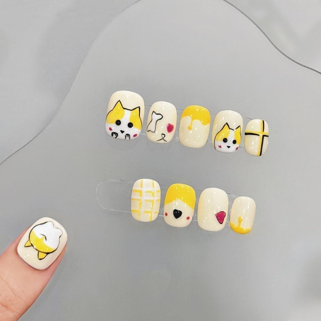 Short Round Fake Nail With Glue Cute Corgi Dog Funny Yellow Short Acrylic Press On Artificial Fake Nails Reusable Nails