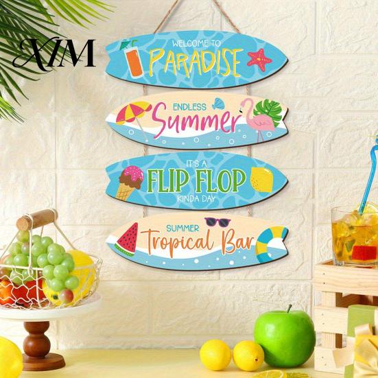 Rustic Porch Ornament Inspirational Wooden Hanging Sign, Summer Surf Kids Positive Quote Wall Plaque, Garden Art Farmhouse String Sign for Bedroom
