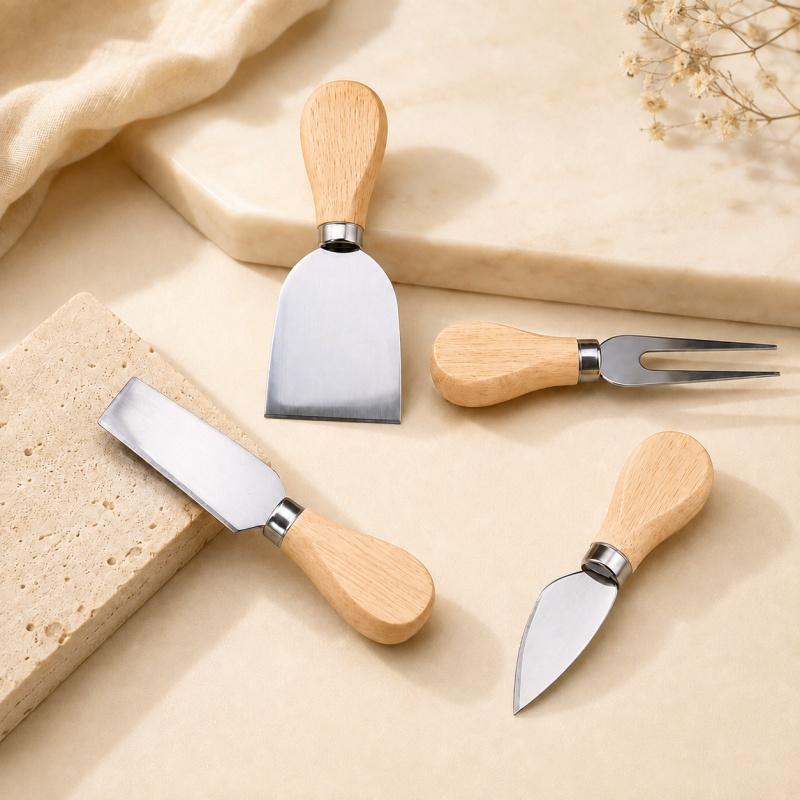 4‑Piece Cheese Knife Set Stainless Steel Cheese Slicer Cutter Fork Spatula with Wooden Handle Butter Cutter Kitchen Gadget