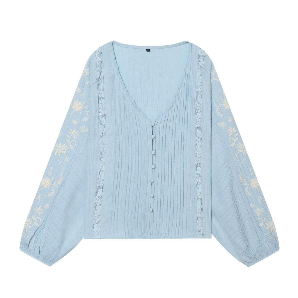 European and American style, new women's clothing, foreign style, fashionable style, contrasting color embroidered shirt 8741041