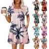 Женские летние повседневные платья с круглым вырезом, плиссированные, с карманами, с принтом, с коротким рукавом