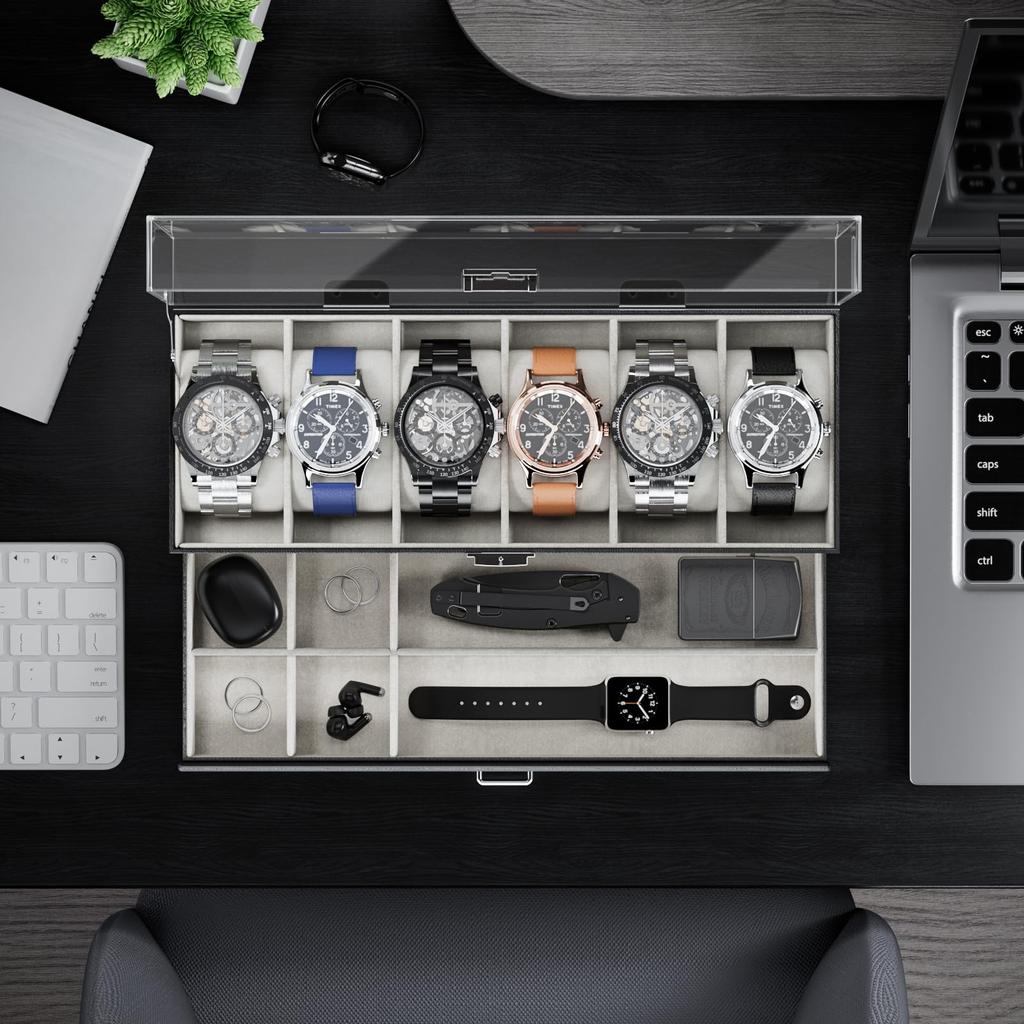 ProCase Часы Вмещает 6 или 10 Часы Витрина с Прозрачной Акриловой Крышкой и Органайзер для Часов Мужской Кейс, Часы, 2-ярусный Ящик, Мужской