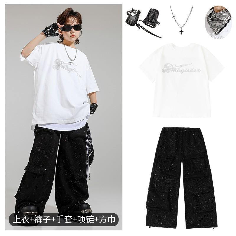 Kids Hip Hop Dance Outfit Set Boys Girls Streetwear Performance Costume Short Sleeve Cotton