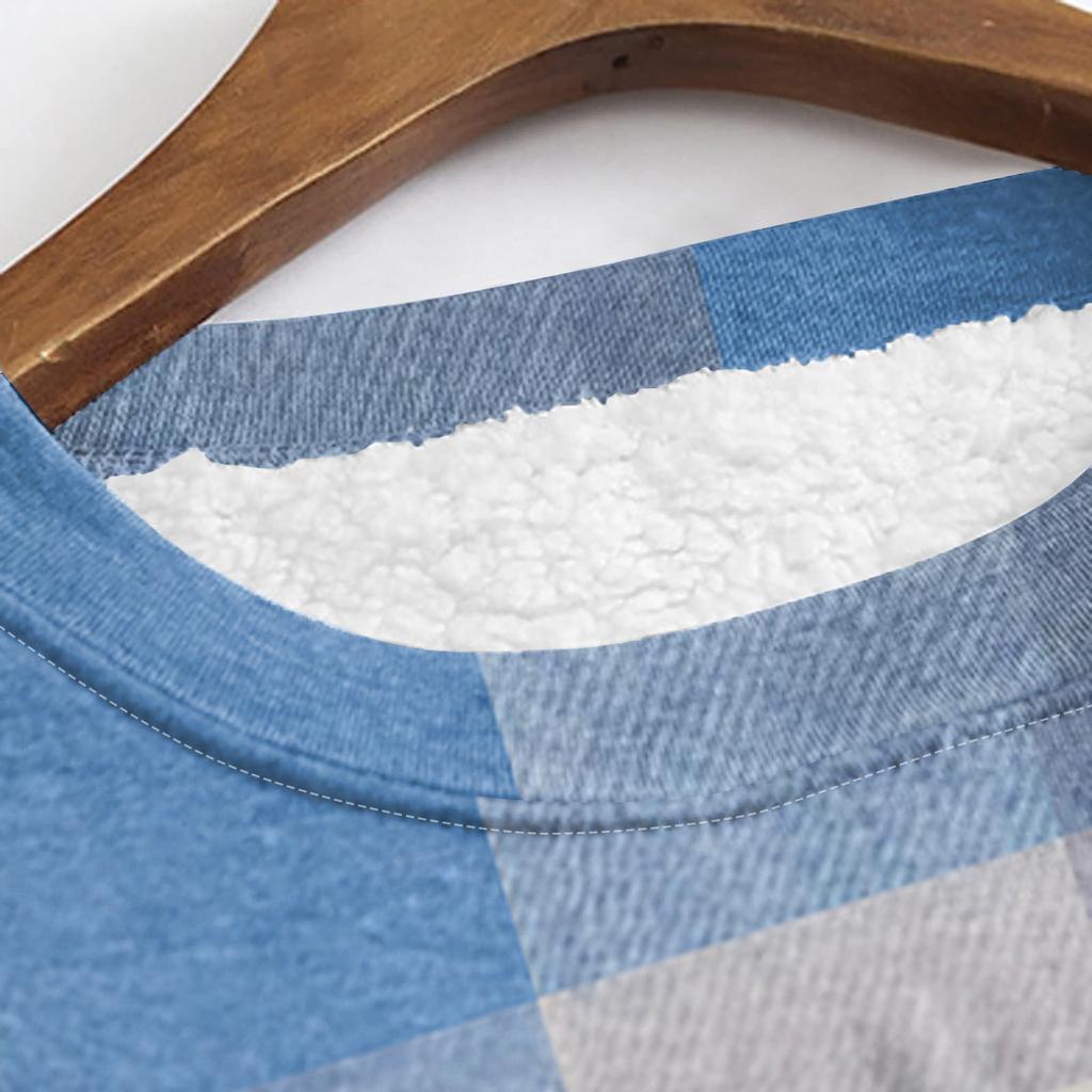 Women's Fashion Plaid Print Round Neck Long Sleeve Plush Winter Warm Pullover Top