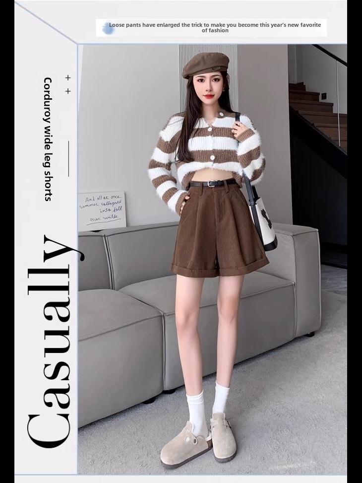 Женские шорты из вельвета с высокой талией - осень/зима, облегающий свободный крой, широкие штанины, корейская мода Майяра