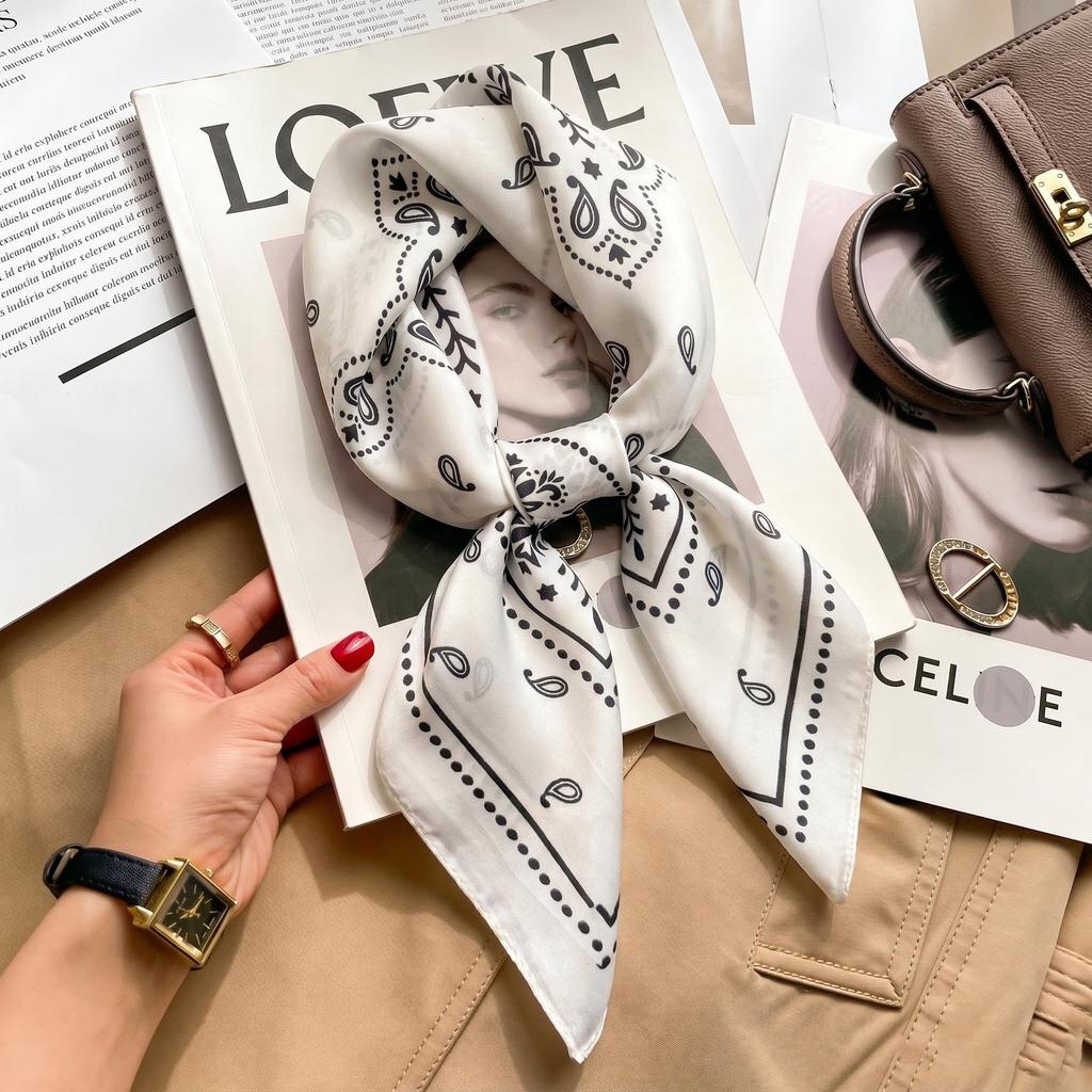 Autumn and winter Maillard cashew square scarf silk scarf women's shirt versatile neck small scarf tied hair decorative scarf