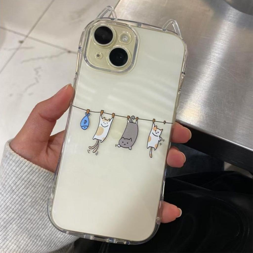 Transparent Cat Ears with Hanging Chain for Apple Shell Transparent Mobile Phone Case Air Bag Anti-fall Mobile Phone Protective Cover Cute Women