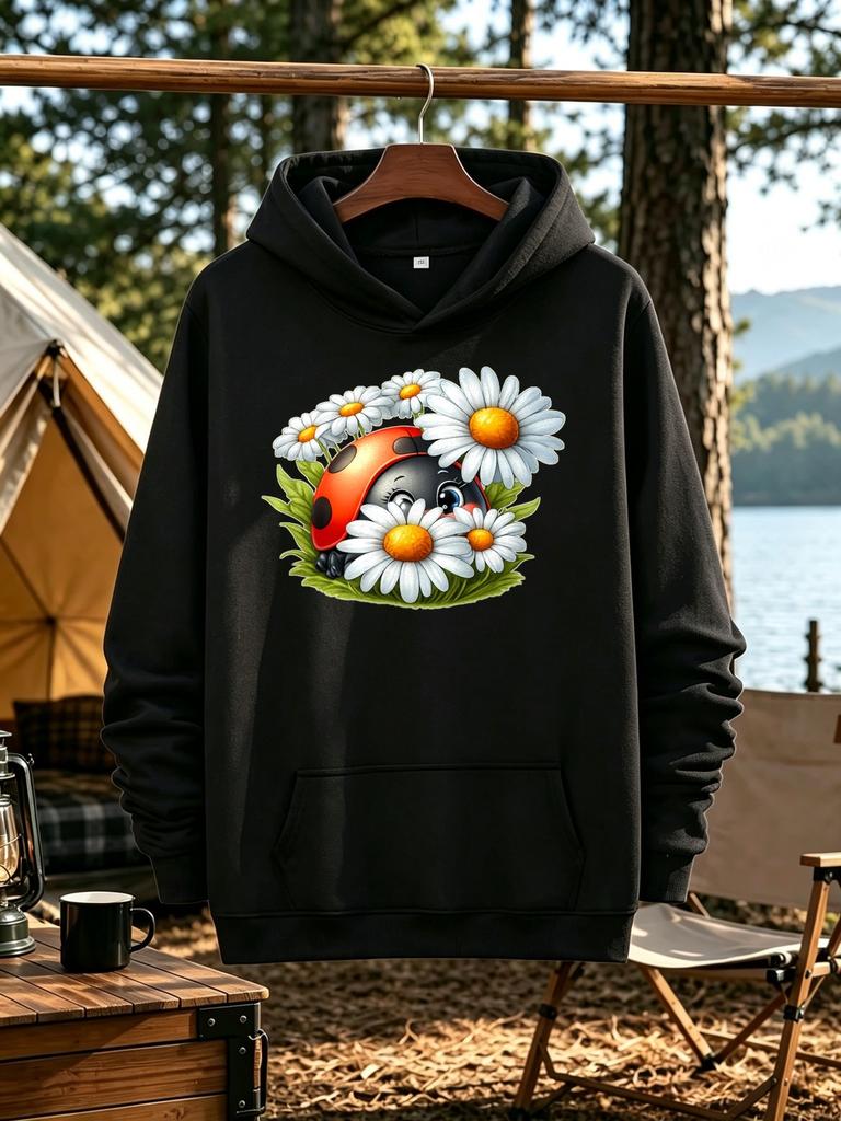 Men's Black Cotton Blend with Ladybug Daisy Print - Loose Fit Kangaroo Pocket Hoodie Streetwear Pullover Suitable for Outdoor Spor