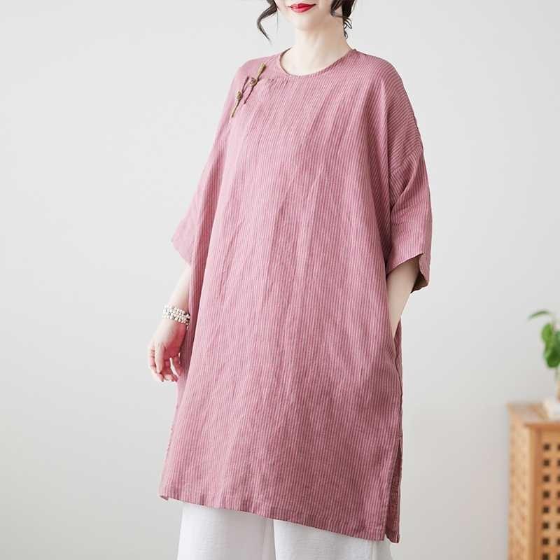 Реальное фото весна и лето новая хлопковая и льняная этнический стиль ретро пряжка средней длины рубашка женская