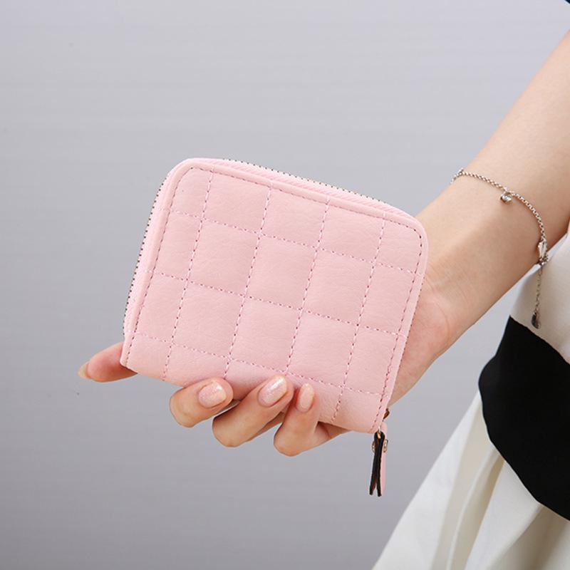 Women Fashion Small Zipper Wallet with Coin Purse PU Leather Plaid Purses Ladies Cute Mini Version Small Card Pack