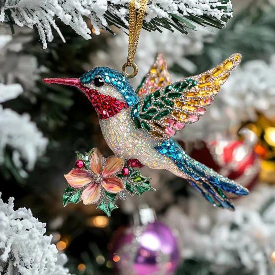Hummingbird Christmas Ornaments Glitter Rhinestones Floral Hummingbird Ornaments for Christmas Tree 2D Acrylic Keepsake Gifts for Bird Lovers