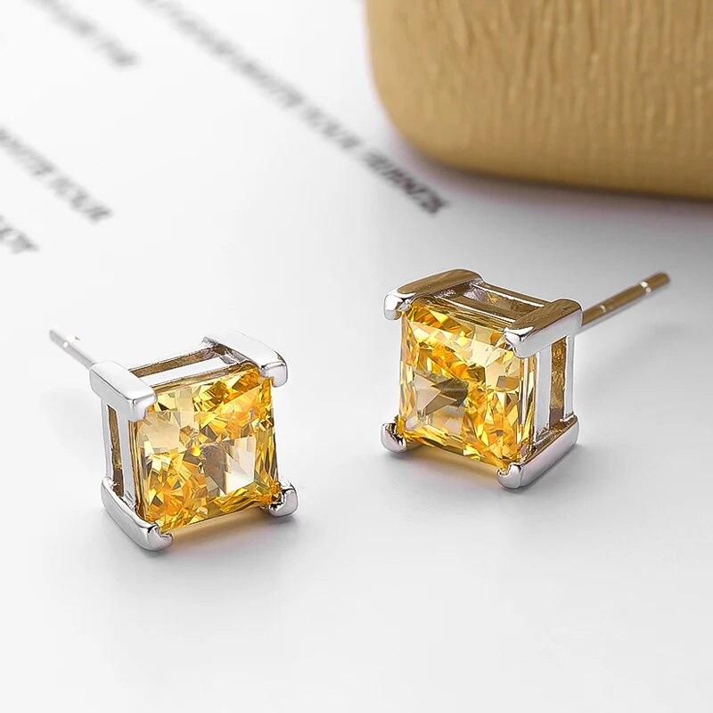 Женские серьги-гвоздики из стерлингового серебра 100% 925 пробы 6*6 мм с желтым аквамарином и высокоуглеродистыми бриллиантами, сверкающие ювелирные изделия