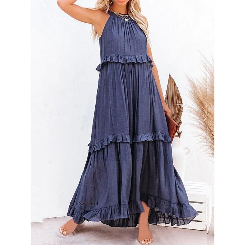 Fashion Elegant Sleeveless Ruffled Maxi Long Dress New O Neck Loose Casual Simple Summer A-line Beach Dresses Female Pleated Solid Color Clothing