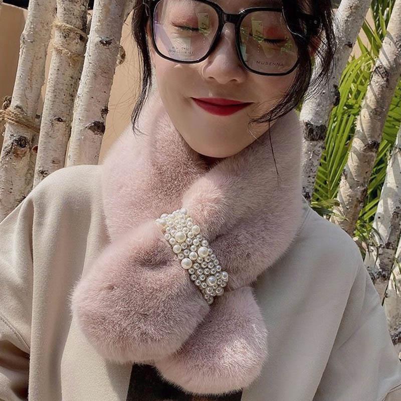 Women Winter Net Red Thicken Solid Color Faux Rabbit Fur Plush Cross Collar Scarf Shawl