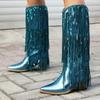 Модные зимние женские высокие сапоги, роскошные брендовые сапоги до колена с кисточками, женская обувь, синие, розовые, длинные туфли челси в стиле вестерн, женские, большой размер 48