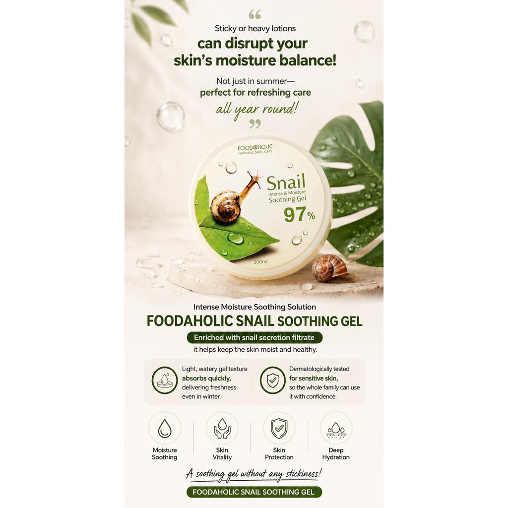 FOODAHOLIC Snail Soothing Gel 300ml – Hydrating Snail Mucin Repair & Moisture Soothing Care for Face & Body