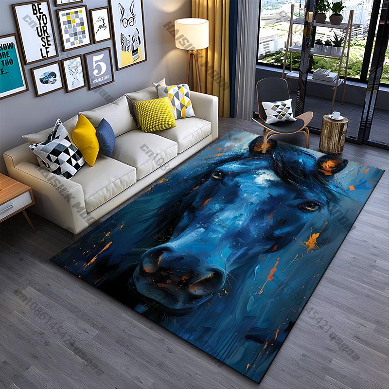 Majestic artistic blue horse carpet Yoga living room room decor children's crawling mat doormat area rug games mat