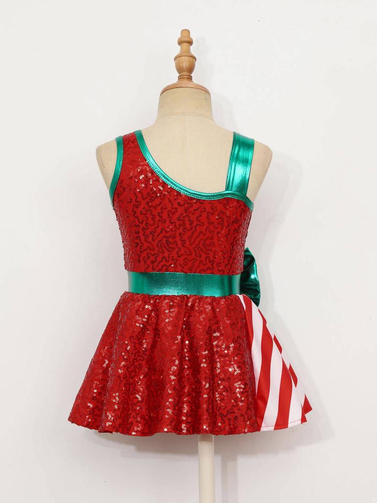 Kids Girls Sequins Christmas Dress Xmas New Year Dress Big Bow Stripe Stage Performance Santa Clause Party Dancewear