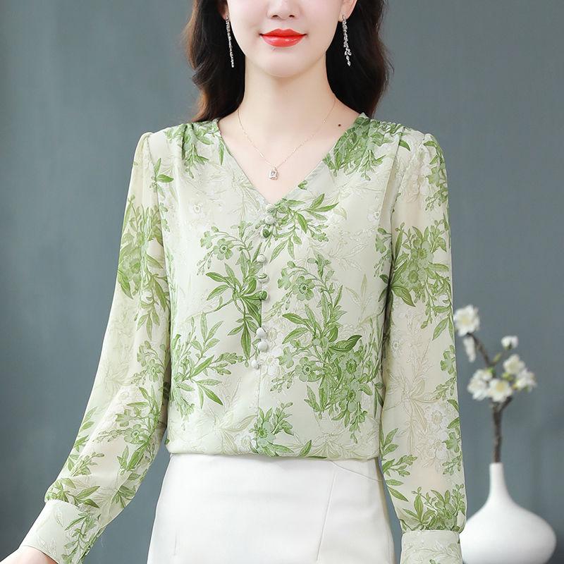 Long Sleeved V-neck Chiffon Shirt for Women, Summer Loose Fit Shirt, Fashionable and Versatile Small Shirt