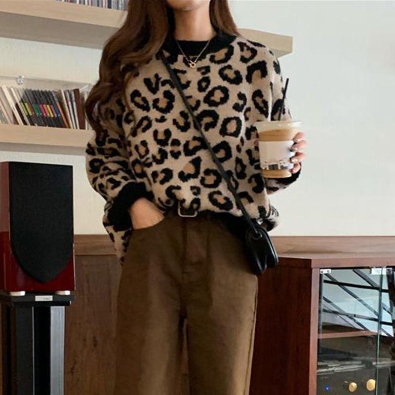 Свитер с леопардовым принтом, женский свободный толстый вязаный повседневный пуловер