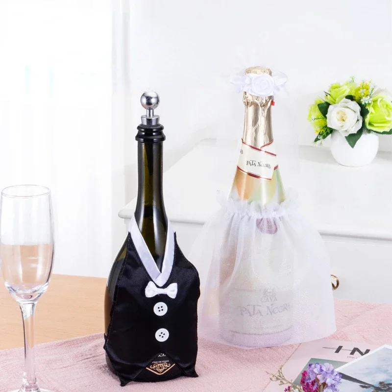 1 Set Wedding Bottle Cover Bride Groom Wine Cups Champagne Glasses Ornaments Bride To Be Bridal Shower Bachelorette Party Decor