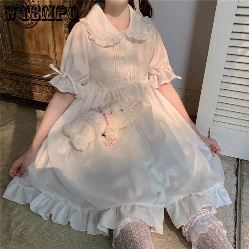 WTEMPO Белое кавайное платье Лолиты для девочек, мягкое платье принцессы с воротником «Питер Пэн», милое праздничное платье в японском стиле с пышными рукавами