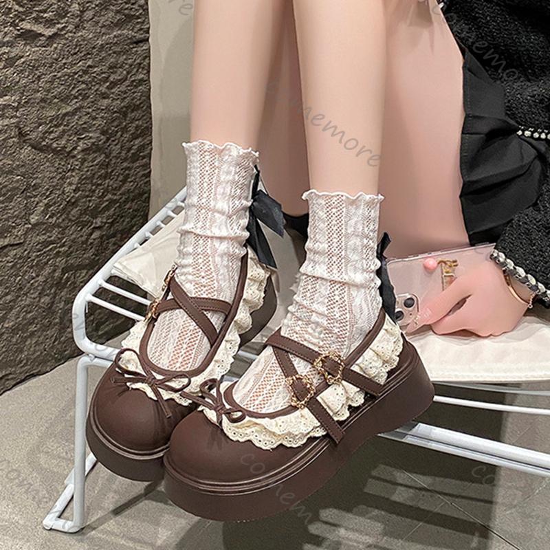 Fashion Comemore Brown Retro Thick Bottom Loafers New Spring and Autumn Round Toe Shallow Bow Lace Mary Jane Shoes Casual Platform Pumps