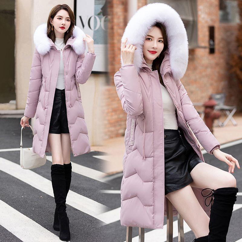 Пуховик женский средней длины и длинный новый приталенный с меховым воротником теплый пуховый утолщенный зимний