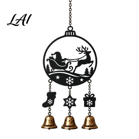 Indoor Festive Metal Art Christmas Wind Chime with Bells Vintage Santa/Snowman/Deer/Bell/Wreath Iron Seasonal Home Atmosphere Decor Hanging Ornament