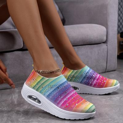 Модные весенние и осенние новые женские кроссовки для отдыха и спорта на плоской подошве с кристаллами и сеткой, дышащие, легкие, для фитнеса и бега, женские кроссовки