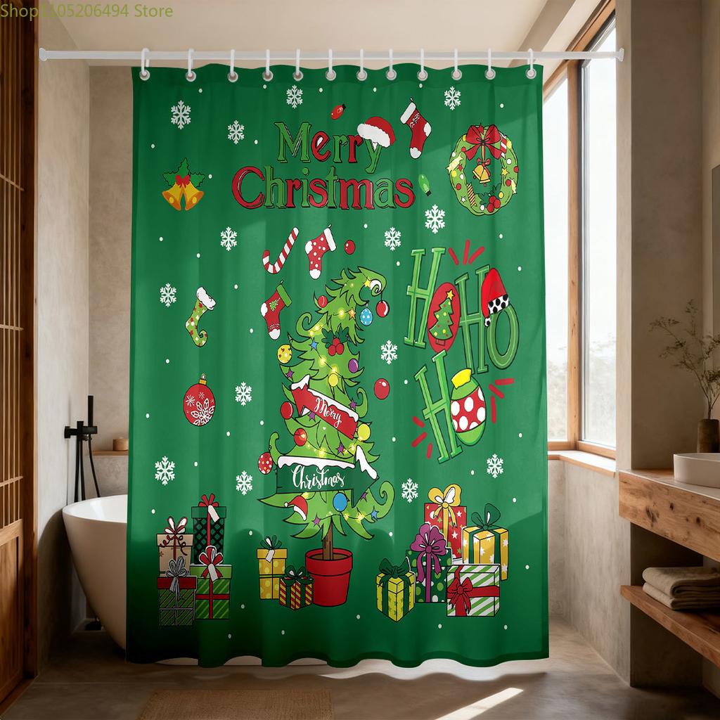 1 шт. Зеленая водонепроницаемая шторка для душа с принтом «Счастливого Рождества» и 12 крючками, доступна в нескольких размерах, можно стирать в машине
