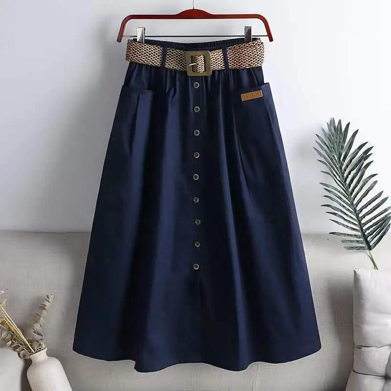 Women Summer Casual Solid Color Long Skirts High Waist A -Line Skirt Gift Belt