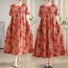 Summer New Vintage Cotton-Linen Printed Round-neck Short-Sleeve Dress for Women Loose Fit Large Size Slimming Design with Patchwork Pattern