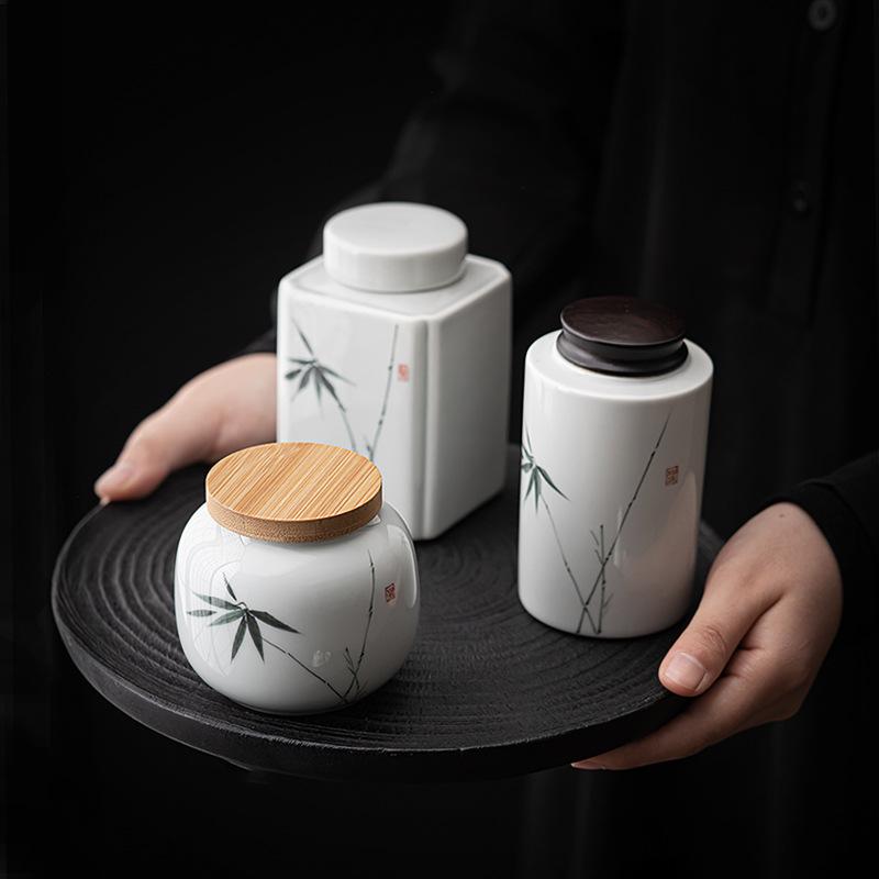 Hand-painted ink bamboo tea can, sealed jar, ceramic storage tea can, moisture-proof household Chinese high-end Pu'er green tea warehouse small