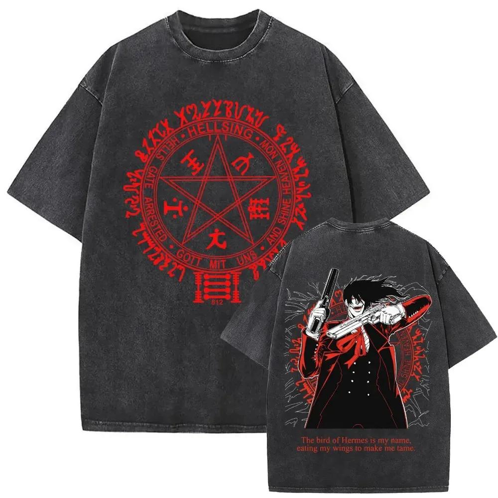 Washed Vintage Anime Hellsing Ultimate T-shirt Men's Clothing Manga Alucard Eyes T Shirt Male Oversized Streetwear Best Selling