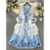 European Style Palace Style Dress Sexy Deep V-neck Double-Breasted Waist Slimming Long Stylish Print Elegant Dress