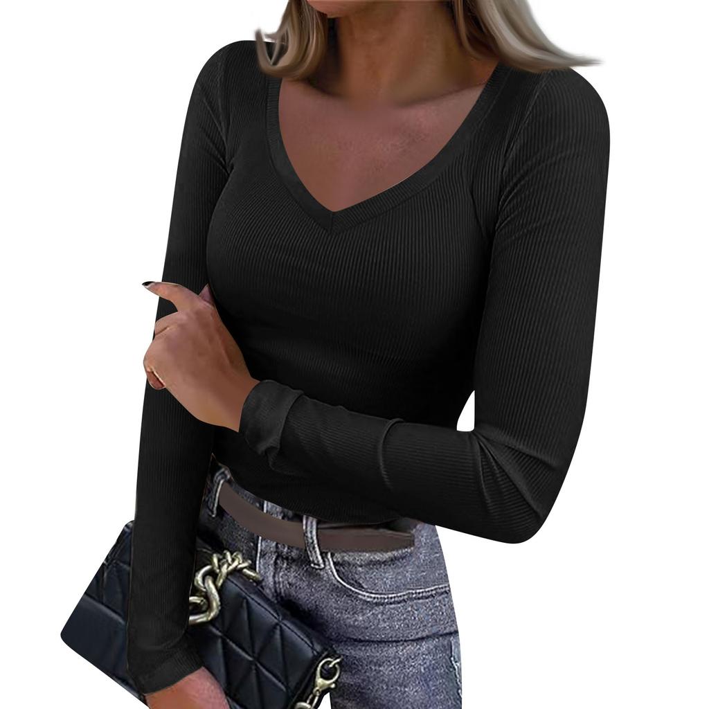 Женская и зимняя футболка с тонким низом, модный повседневный однотонный свитер с V-образным вырезом и длинным рукавом