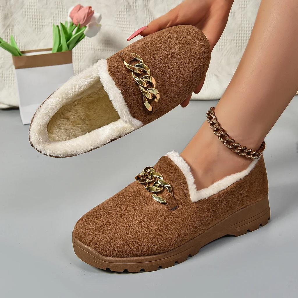 Модные туфли на плоской подошве с цепочным декором из толстого плюша для женщин 2024 года, зимняя удобная теплая повседневная обувь для женщин, однотонные лоферы с мягкой подошвой