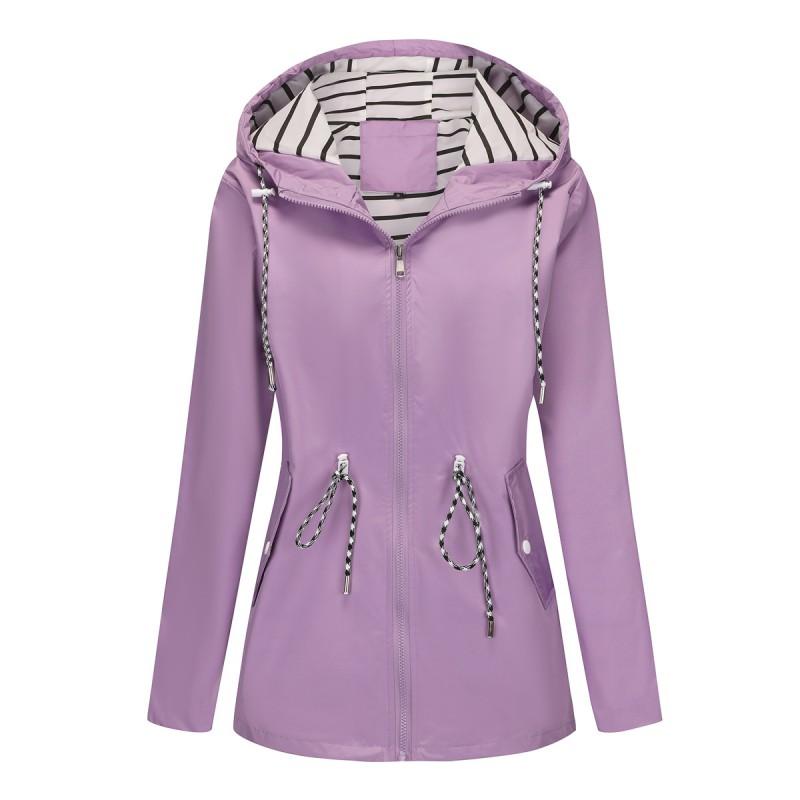 Womens Long Sleeve Hooded Raincoat Mid-Length Water-Resistant Windbreaker Striped Loose Fit Casual Office Wear