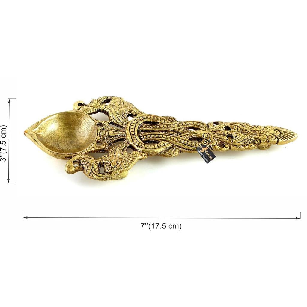 Twin Peacock Design Round Brass Pooja Aarti Spoon, Hawan Spoon for Pouring Ghee In Hawan Kund, Antique Yellow NEW