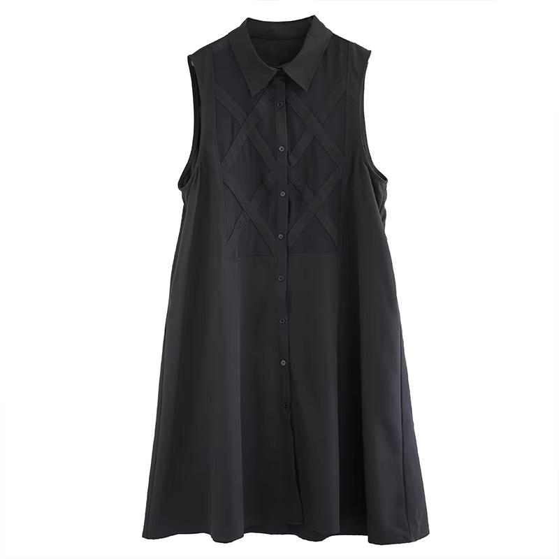 Xitao Patchwork Mesh Turn-down Collar Dress GYX1407