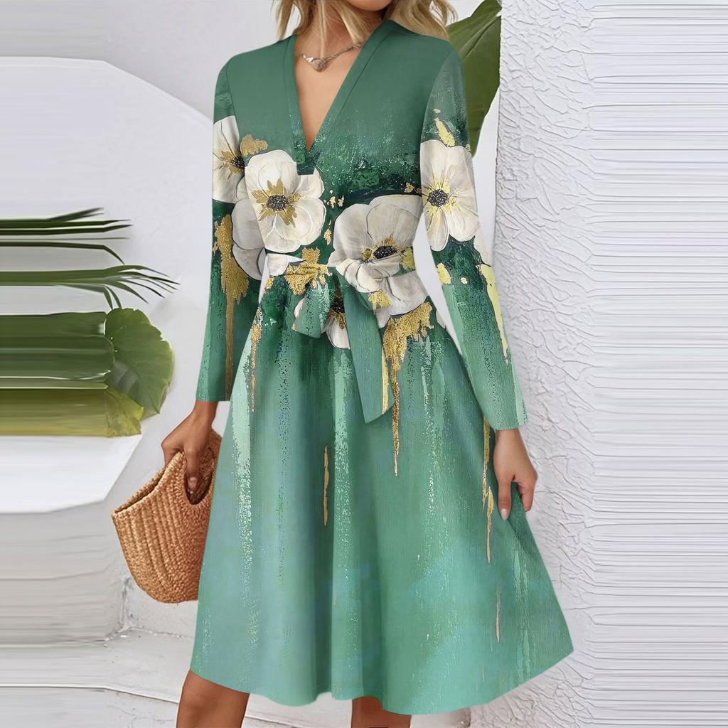 Women's Fashion Casual V-Neck Long Sleeve Waist Floral Print Midi Dress