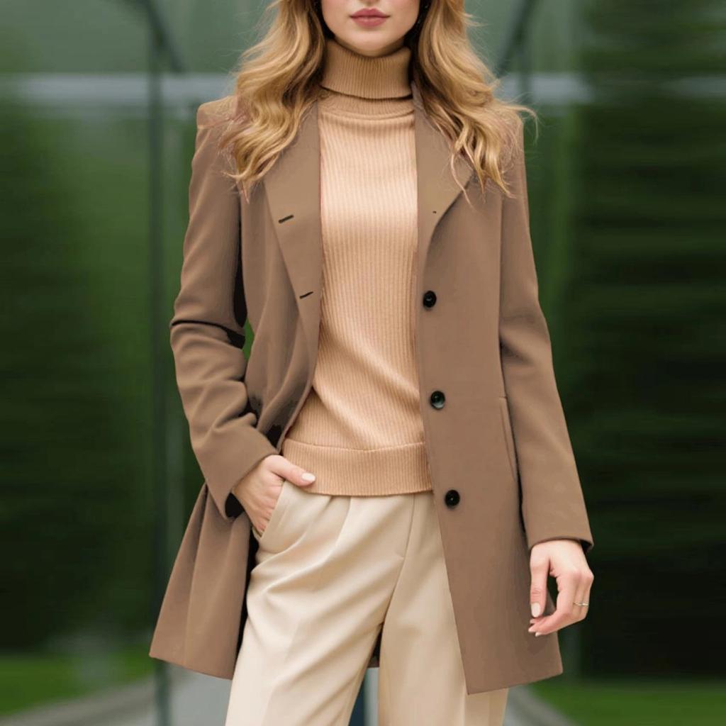 Coats For Women Elegant Single Breasted Mid Length Wool Coat Long Sleeve Outwear Overcoat