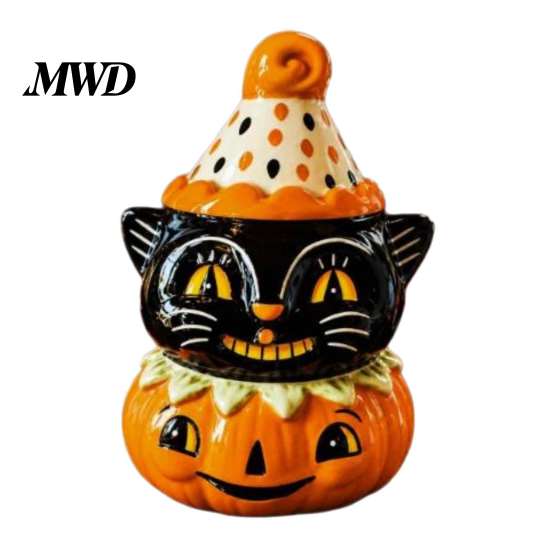 Autumn Home Decoration Halloween Black Cat Pumpkin Figurine, Cute Spooky on Tiered Tray Fall Decor Resin Statue for Party Shelf Fireplace Tabletop